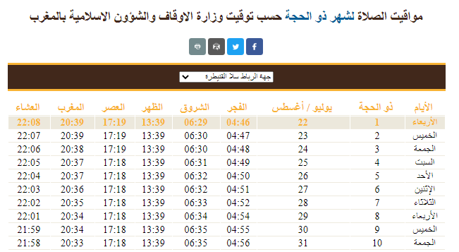 مواقيت الصلاة لشهر ذو الحجة 1441 حسب وزارة الاوقاف والشؤون