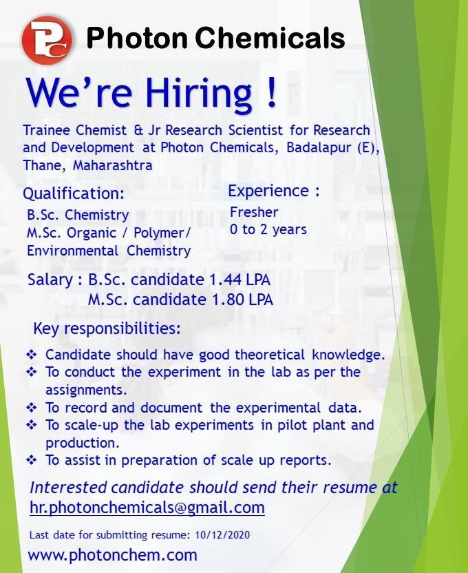 Photon Chemicals Urgent Hiring Freshers & Experienced Trainee Chemist