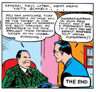 Action Comics (1938) #3 Page 13 Panel 5: Blakely seems to be reformed after his harrowing experience in the bowels of his mine.