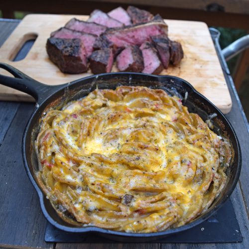 Reverse Seared Porterhouse Steak with Skillet Potatoes Au Gratin