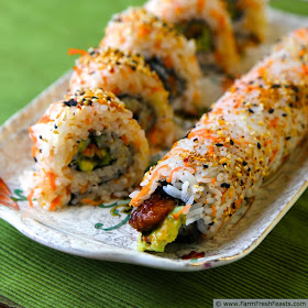 Barbecued eel and avocado rolled up in colorful carrot rice for an amazing sushi roll you can make at home!