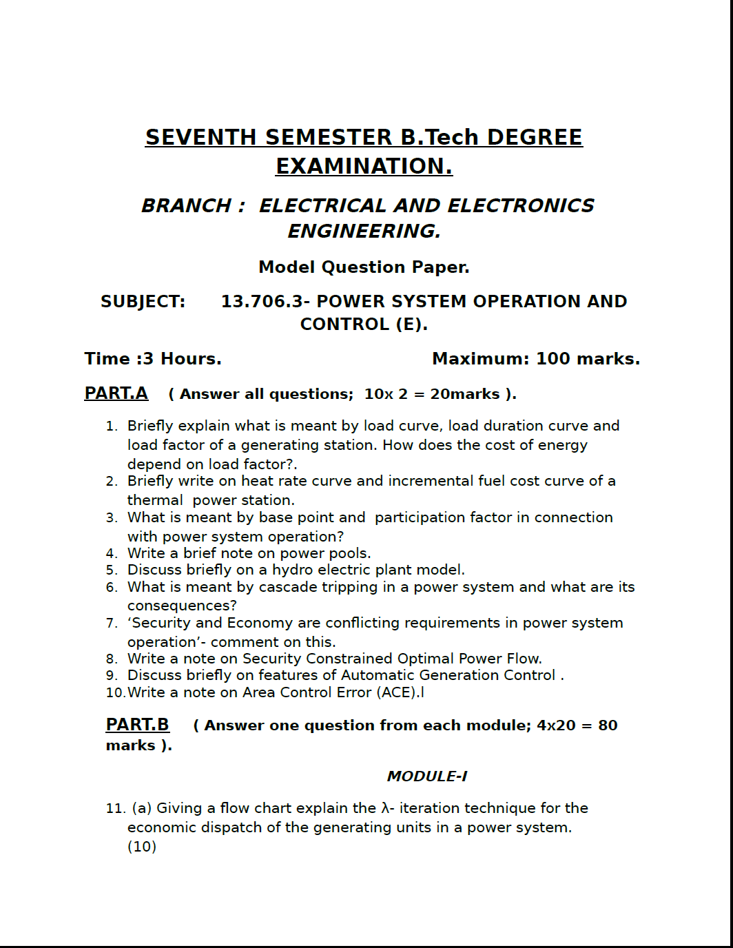 Kerala University B Tech Power System Operation And Control ( E ) 2016