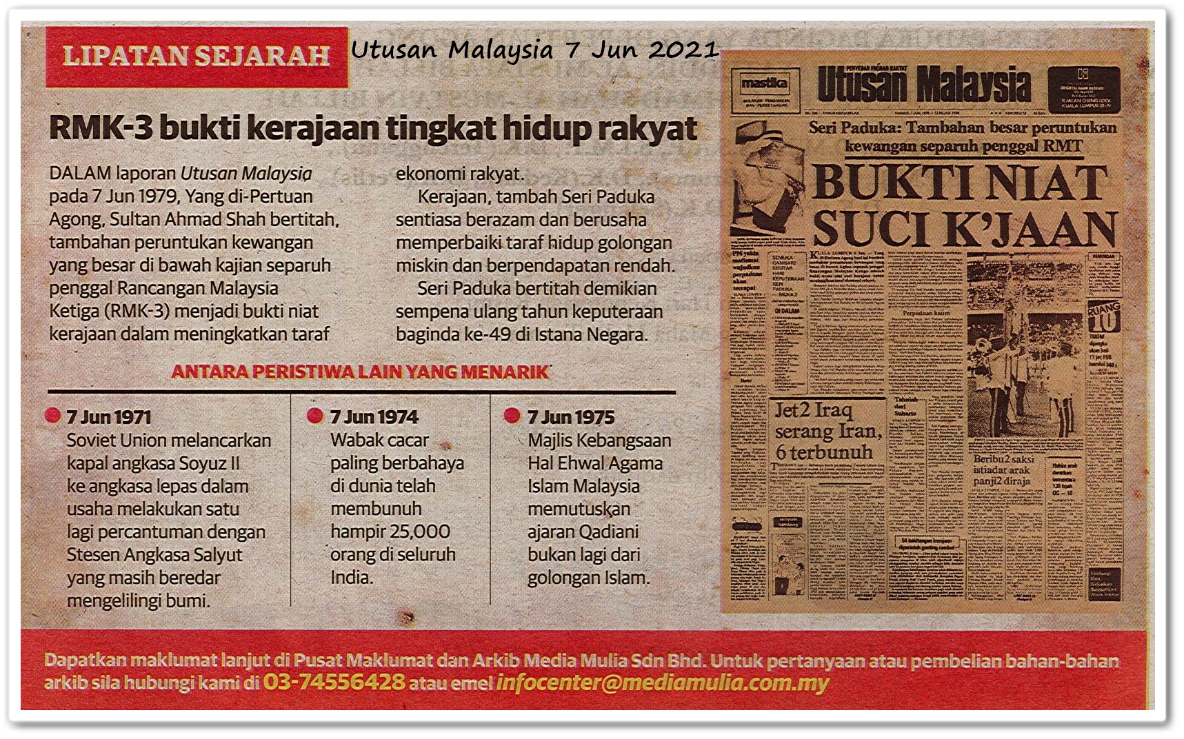Lipatan sejarah 7 Jun - Keratan akhbar Utusan Malaysia 7 Jun 2021