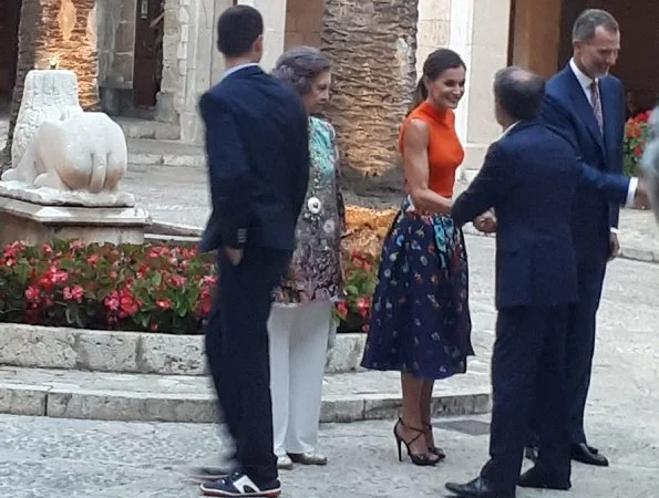 Queen Letizia wore HUGO BOSS Foebe Knit Wool Top. King Felipe VI and former Queen Sofia at summer reception. Carolina Herrera