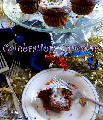 Celebration Cupcakes for the holidays, birthdays, or any celebration. Moist chocolate cupcakes are filled with marshmallow crème and multicolored sprinkles. | Recipe developed by www.BakingInATornado.com | #recipe #cake