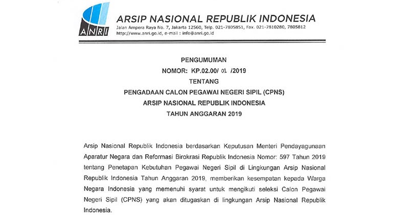 Penerimaan Cpns Arsip Nasional Republik Indonesia 71 Formasi Depnakerja Com