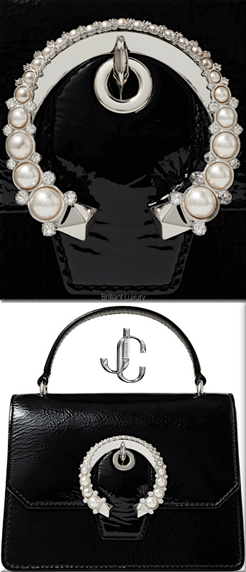 ♦Jimmy Choo Madeline satchel in black patent textured leather with pearl buckle #jimmychoo #bags #brilliantluxury ♦Jimmy Choo Madeline satchel in black patent textured leather with pearl buckle #jimmychoo #bags #brilliantluxury