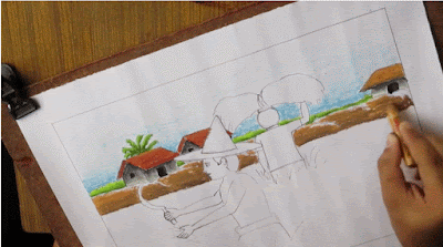Menggambar pemandangan desa saat petani memanen padi di ladang Tutorial menggambar pemandangan desa saat petani memanen padi di ladang