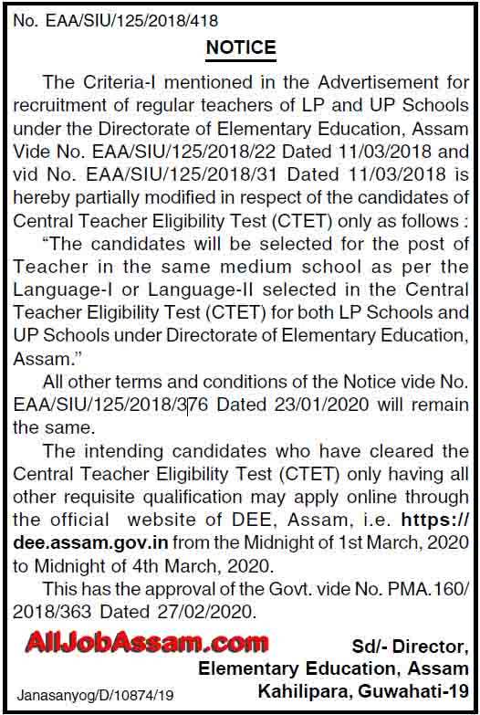 DEE Assam Latest New Notification 2020- Apply Online Specially for CTET Candidates