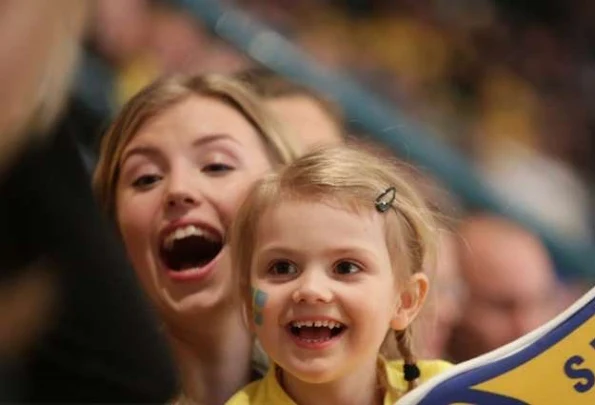 Crown Princess Victoria of Sweden, Prince Daniel and Princess Estelle of Sweden watch the Euro Hockey Tour game between Sweden and Finland at the Hovet Arena