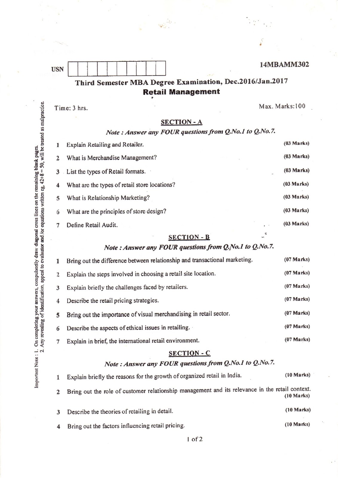 AR VTU MBA E-NOTES: VTU MBA 3rd sem question papers Retail Management