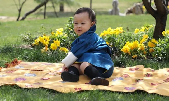 King Jigme Khesar Namgyel Wangchuck, Queen Jetsun Pema, Gyalsey Jigme Namgyel and Gyalsey Ugyen. Satin dress