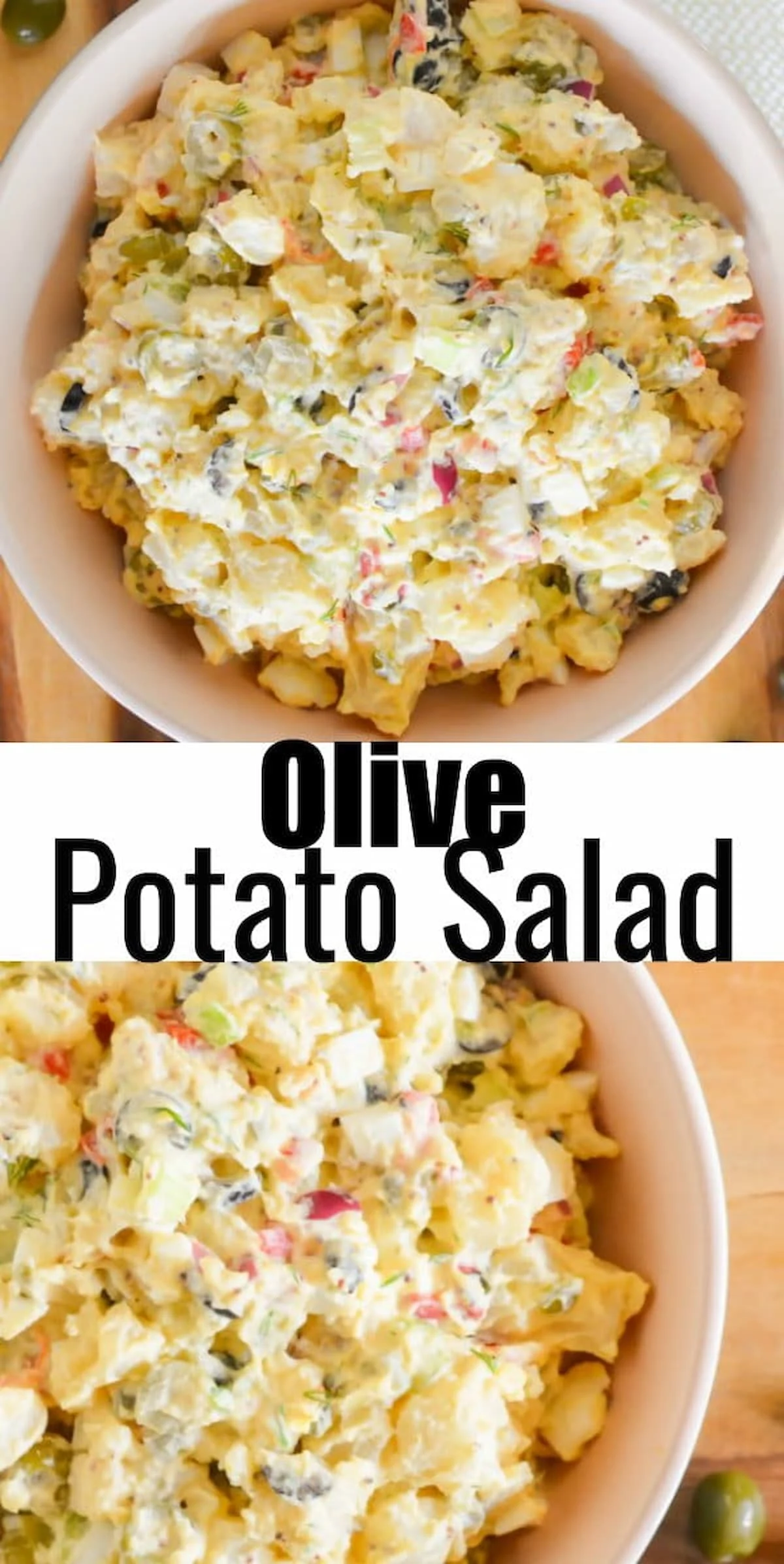 Olive Potato Salad is a delicious variation of traditional Potato Salad for Picnic and Barbecue Side Dish Recipe. Sweet and tangy with ripe green and black olives with spicy garlic dill pickles from Serena Bakes Simply From Scratch.