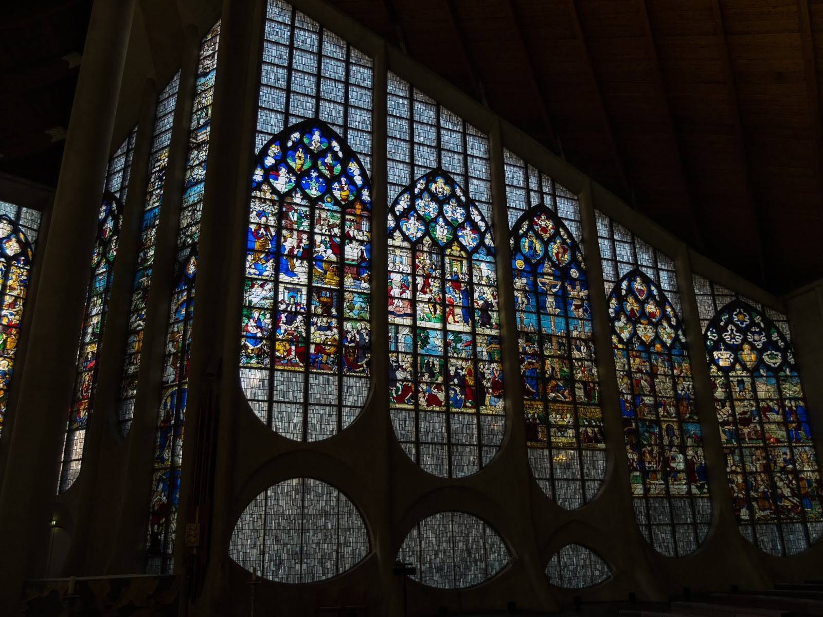 Stained glass window panes in the Church of Joan of Arc in Rouen, France.