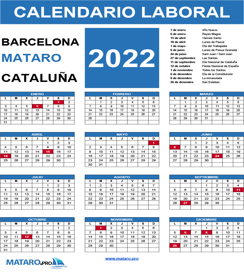 Calendario Laboral 2022 Mataró Barcelona