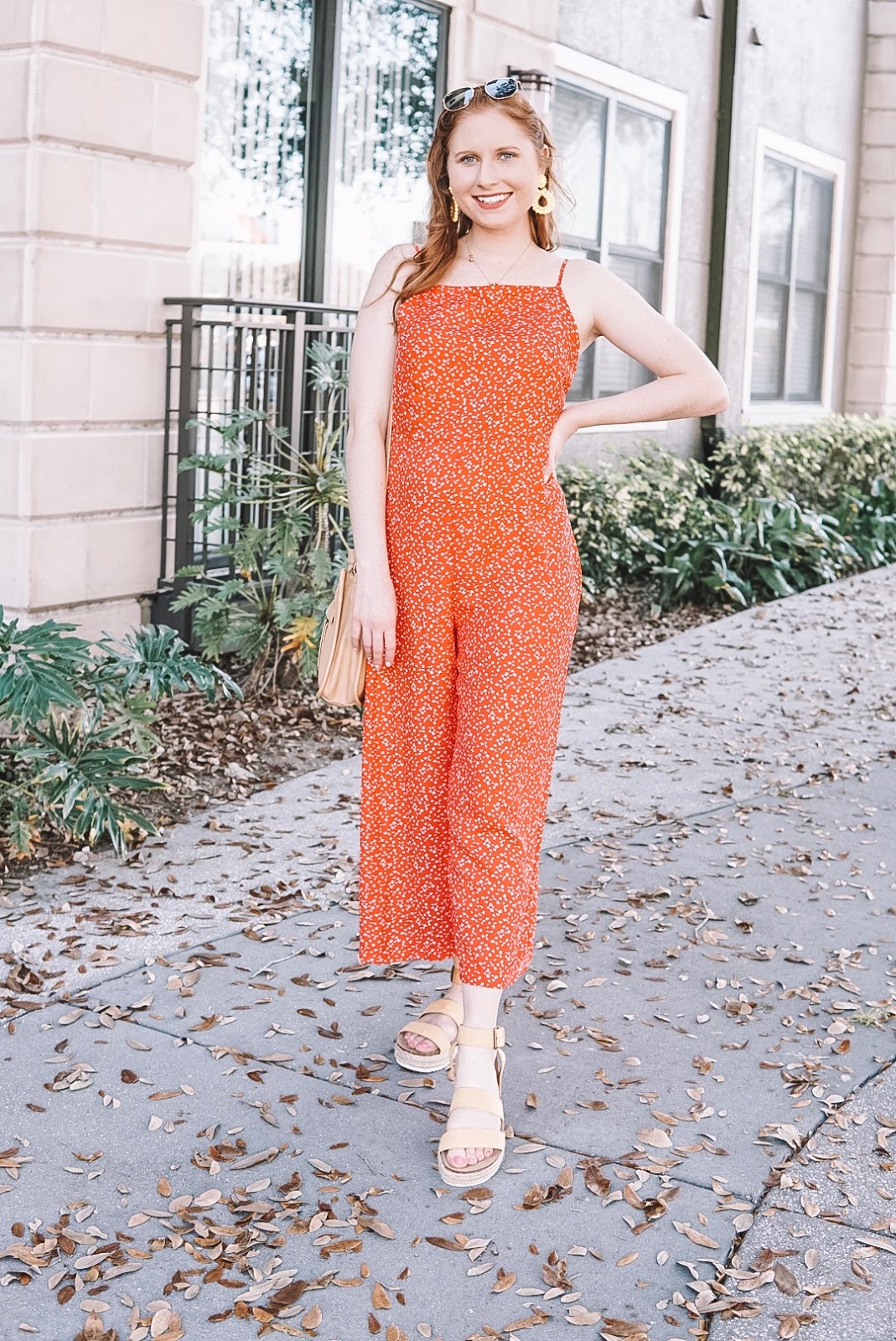 tampa blogger affordable by amanda wears a target floral print strappy square neck jumpsuit in st.petersburg,florida