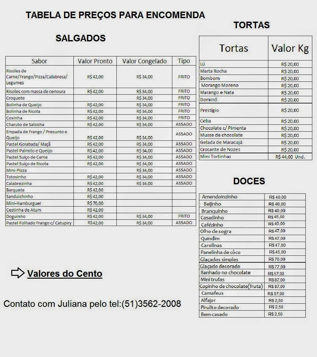 Juliana Doces e Salgados: Lista de Preços