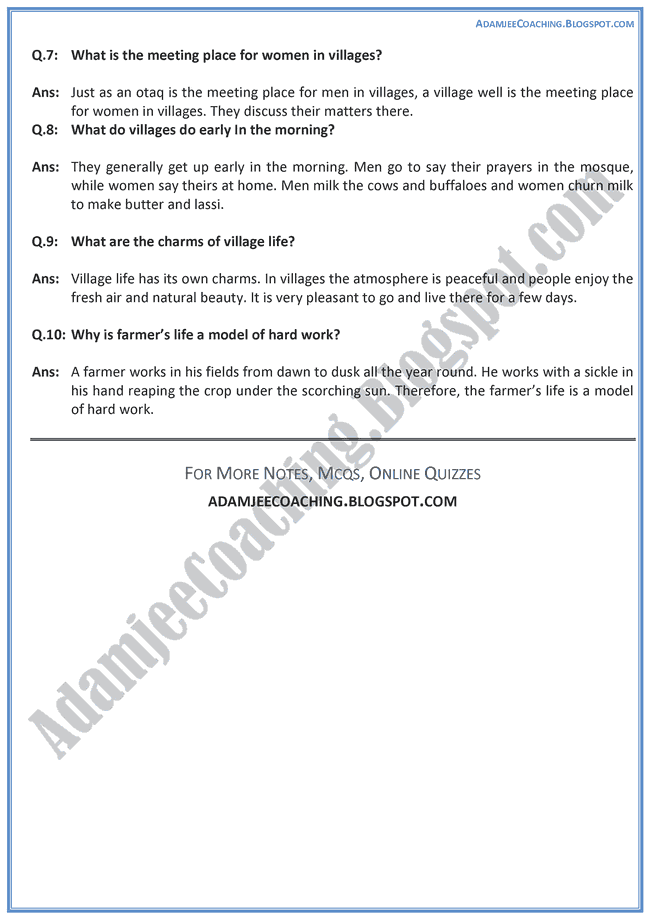 Adamjee Coaching A Letter About The Village Life In Pakistan Question Answers English IX