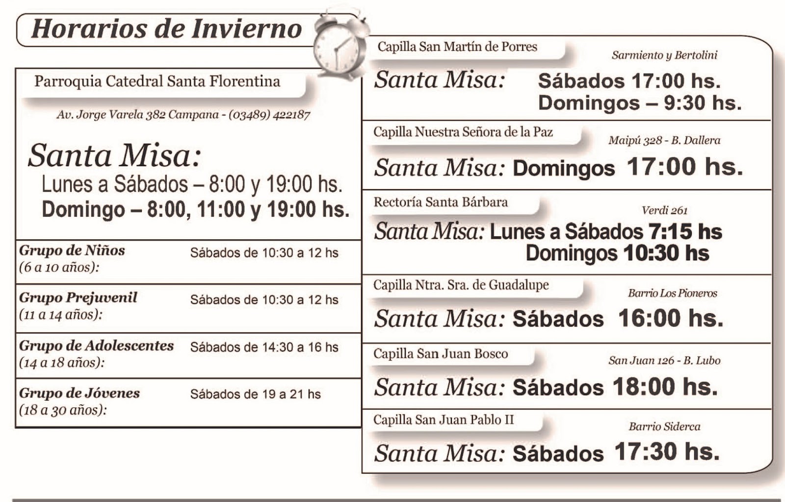 Horarios de misas de Invierno