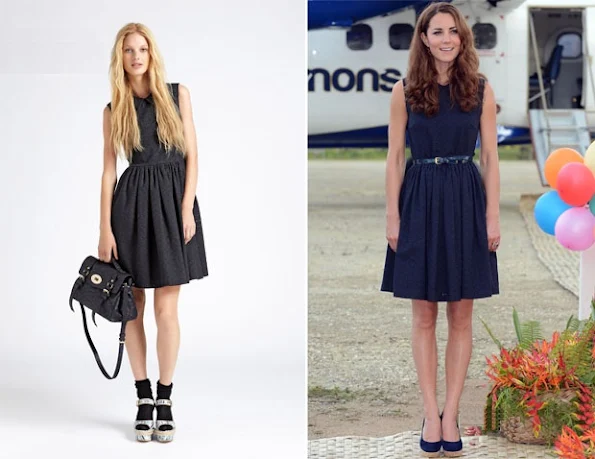 Catherine, Duchess of Cambridge wore a navy Mulberry dress from Resort 2012 collection. Kiki McDonough earrings