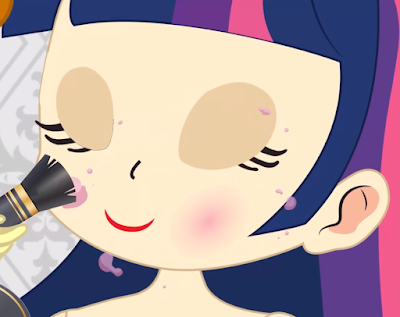 A closeup of Twilight Sparkle's face as blush is applied to each cheek. Her eyes are closed, a small glitchy outline visible in her eye on the left side of the picture.