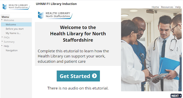 Welcome page for the online induction showing a group of young doctors