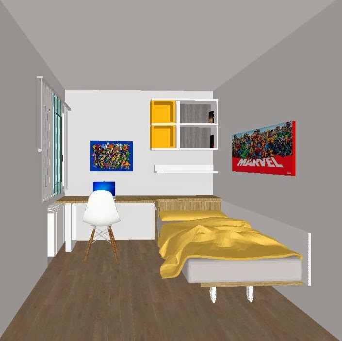 Habitacion juvenil minimalista combinada en nordico,blanco,amarillo y
