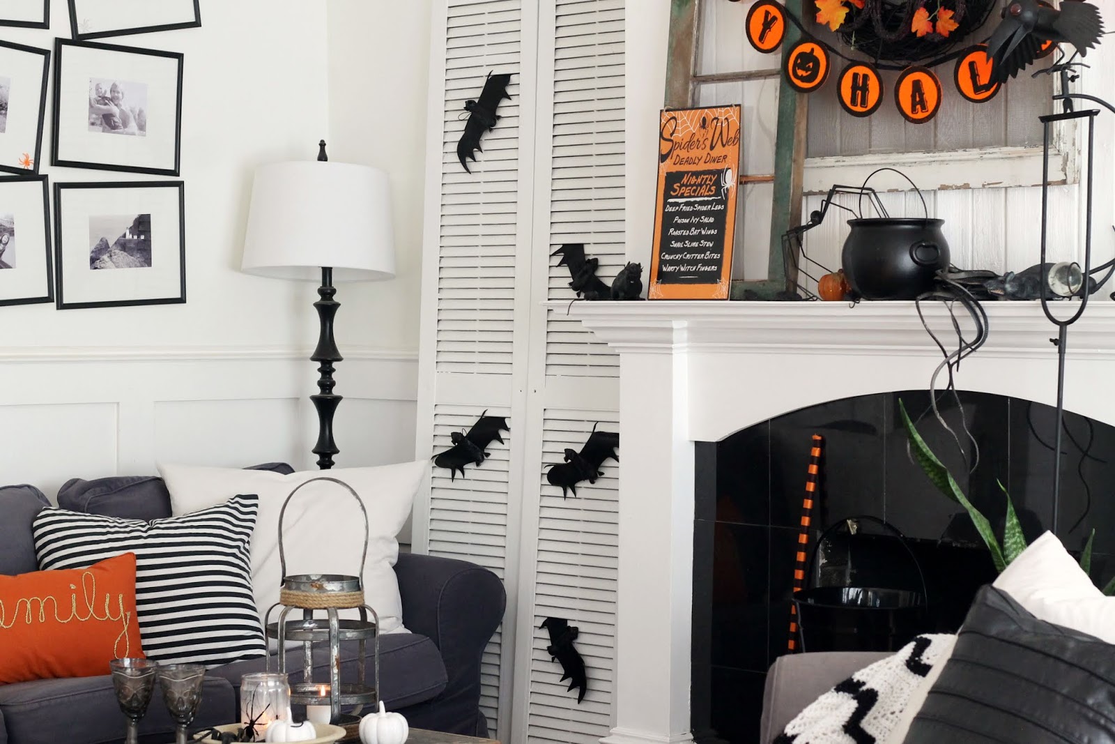 Black White and Orange Halloween Decorating in our Living room