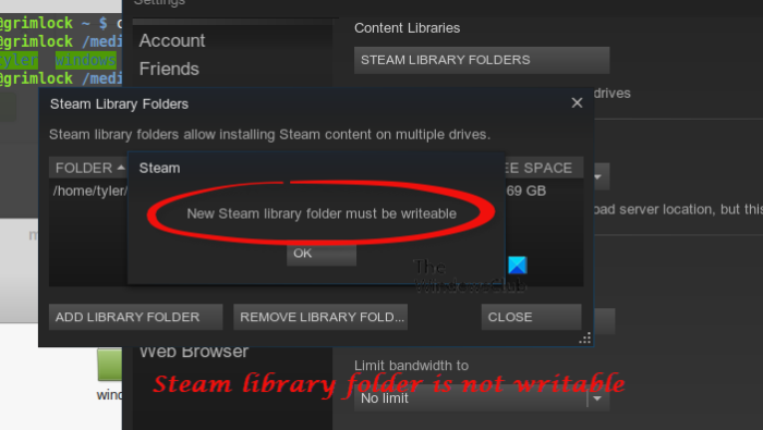 La carpeta de la biblioteca de Steam debe tener permisos de escritura