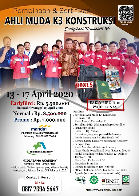 Ahli Muda K3 Konstruksi kemnaker tgl. 13-17 April 2020 di Jakarta