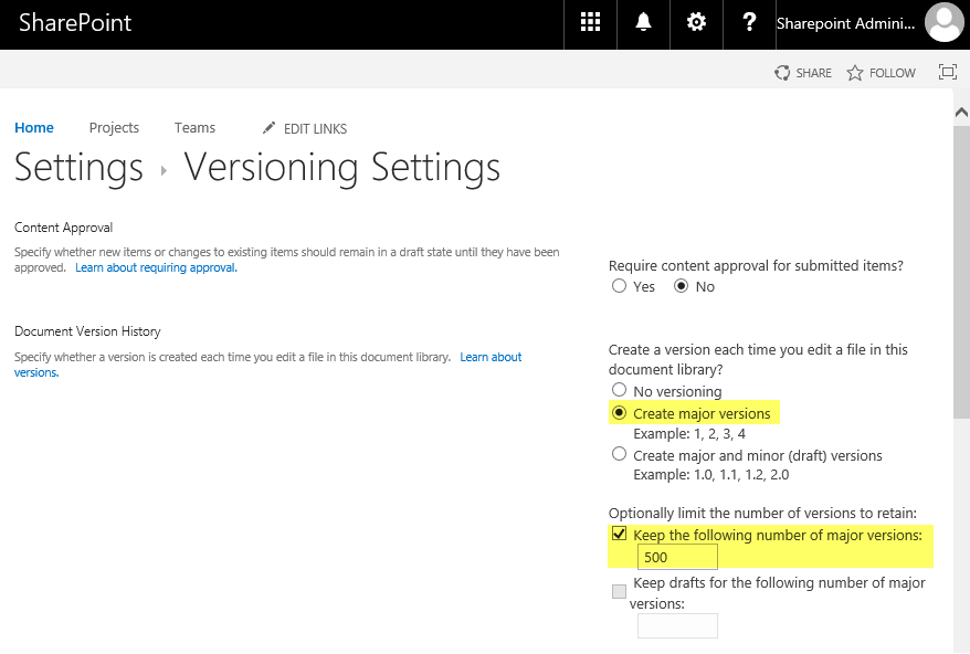 SharePoint Online How to Enable Versioning on a Document Library using