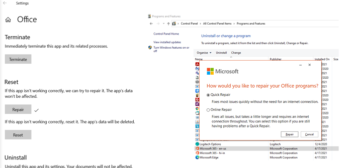 Reparación de Microsoft Office