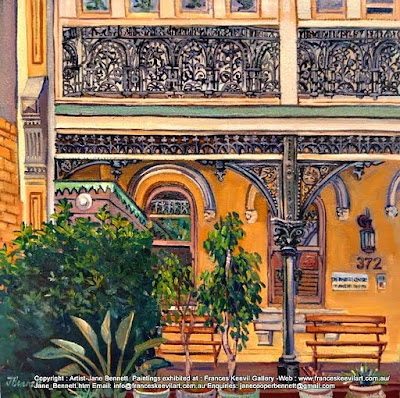 Plein air oil painting of terrace of Diabetes Australia in Victoria Street Darlinghurst painted by industrial heritage artist Jane Bennett