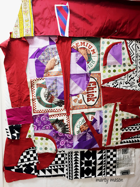 improv patchwork  quilt in the making with silk and other remnants - marty mason 