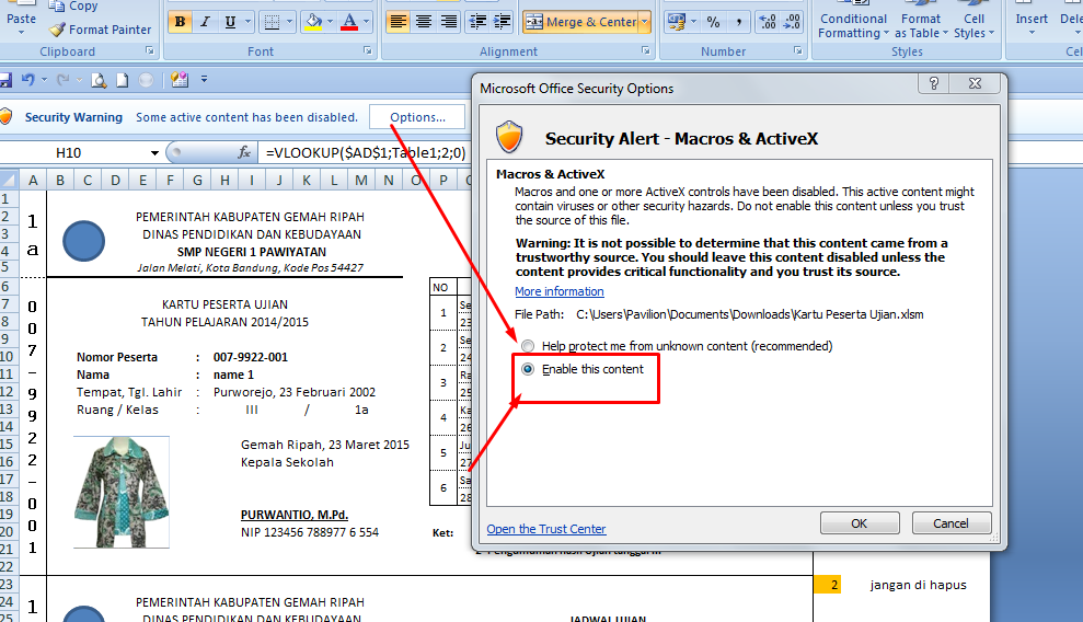 mengaktifkan macro kartu peserta ujian
