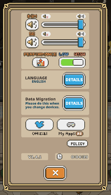 Screenshot of the options menu. At the top, the orange labels for background music, sound effects, and performance all have text shadows that make them hard to read.