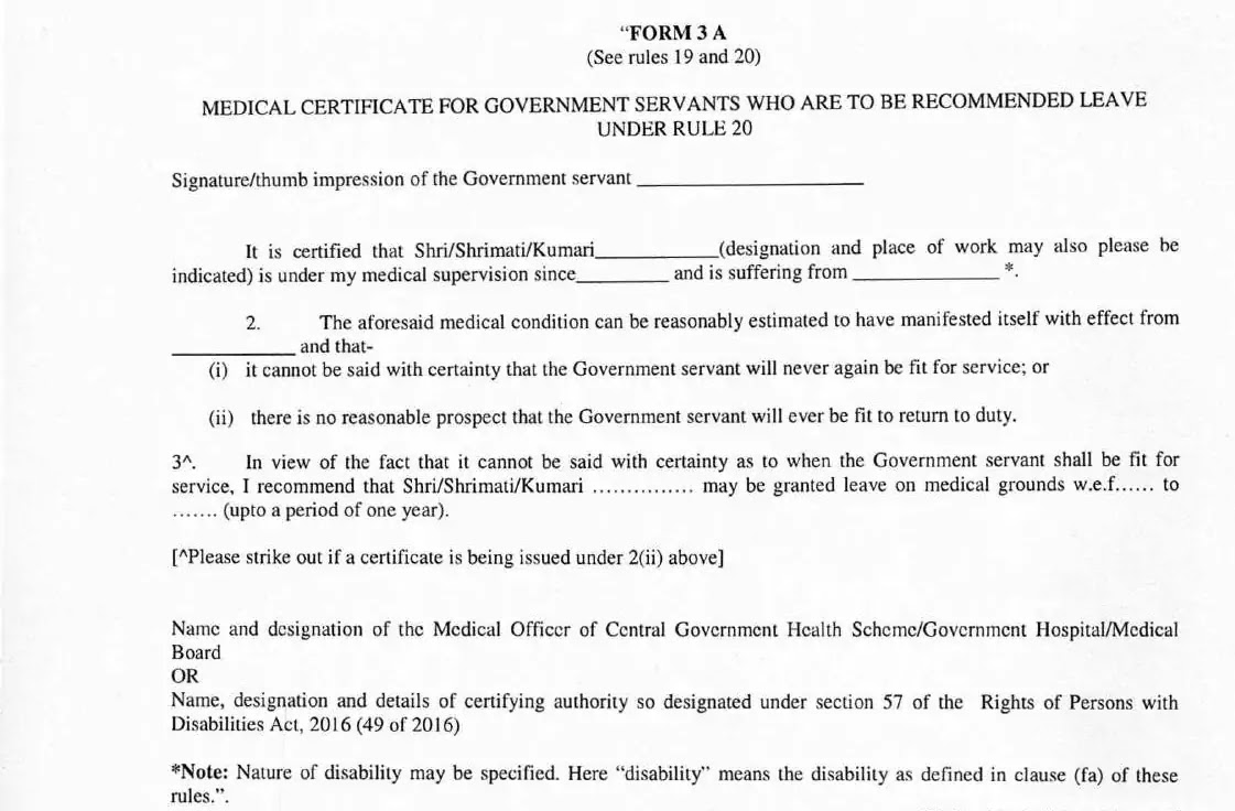 Amendment in Leave Rules i.r.o. Government servant who is unlikely to be fit to return to duty regarding PWD Act: Notification, Form & DoPT OM