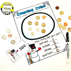 Snowman Math Stations, Winter Math Stations, Money, Planet Happy Smiles