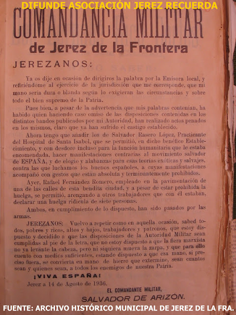 Bando del genocida Salvador de Arizón donde justifica y hace público el asesinato de dos trabajadores en Jerez de la Frontera... El silencio cómplice, y el doble juego de los diferentes gobiernos democráticos del Ayuntamiento de Jerez sobre la cuestión del genocidio golpista en nuestra ciudad han hecho que el problema de los derechos humanos haya sido siempre una asignatura pendiente e incómoda para los gobernantes de este municipio castigado por la barbarie criminal de los sublevados de julio de 1936... Bando del genocida Salvador de Arizón donde justifica y hace público el asesinato de dos trabajadores en Jerez de la Frontera... El silencio cómplice, y el doble juego de los diferentes gobiernos democráticos del Ayuntamiento de Jerez sobre la cuestión del genocidio golpista en nuestra ciudad han hecho que el problema de los derechos humanos haya sido siempre una asignatura pendiente e incómoda para los gobernantes de este municipio castigado por la barbarie criminal de los sublevados de julio de 1936...