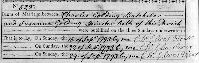 "Bristol, England, Church of England Marriages and Banns, 1754-1935," database and images, Ancestry.com Operations, Inc., Ancestry (www.ancestry.com : accessed 16 Sep 2020), Charles Golding and Susanna Golding, banns read 15, 22, 29 Sep 1793; citing Bristol Archives; Bristol, England; Bristol Church of England Parish Registers; Reference: P/B/R/3/c; Parish of St. Mary, Bitton.