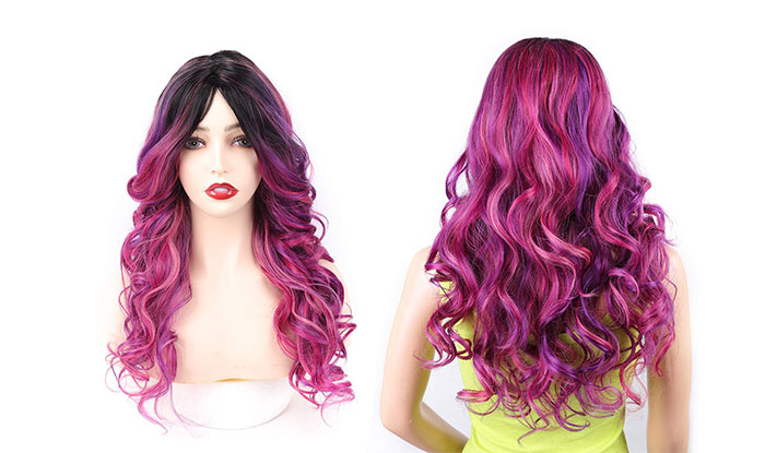 AISI BEAUTY Colorful Wig Cosplay Costume Wig Long Natural Loose Wavy Red Mixed Purple Wigs for Women and Girls