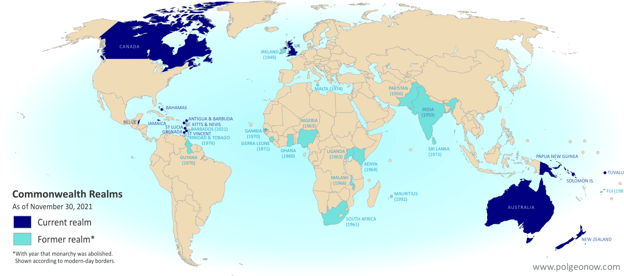 Map countries with Queen Elizabeth II as head of state, which are known as the Commonwealth realms. Includes the UK, Canada, Australia, and a number of small countries in Oceania and the Caribbean. Also shows former Commonwealth realms, including large parts of Africa and South Asia. Colorblind accessible.