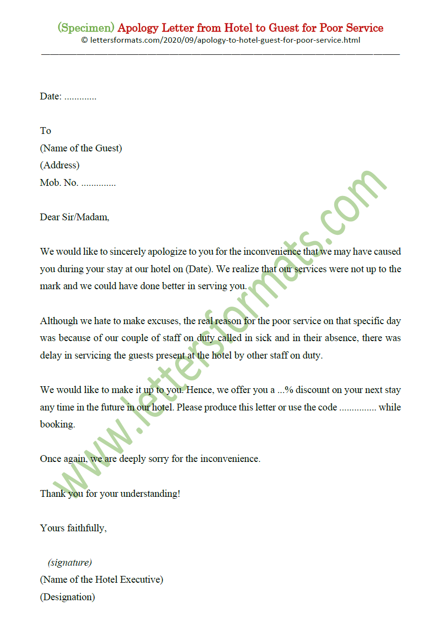 Apology Letter from Hotel to Guest for Poor Service (Sample)
