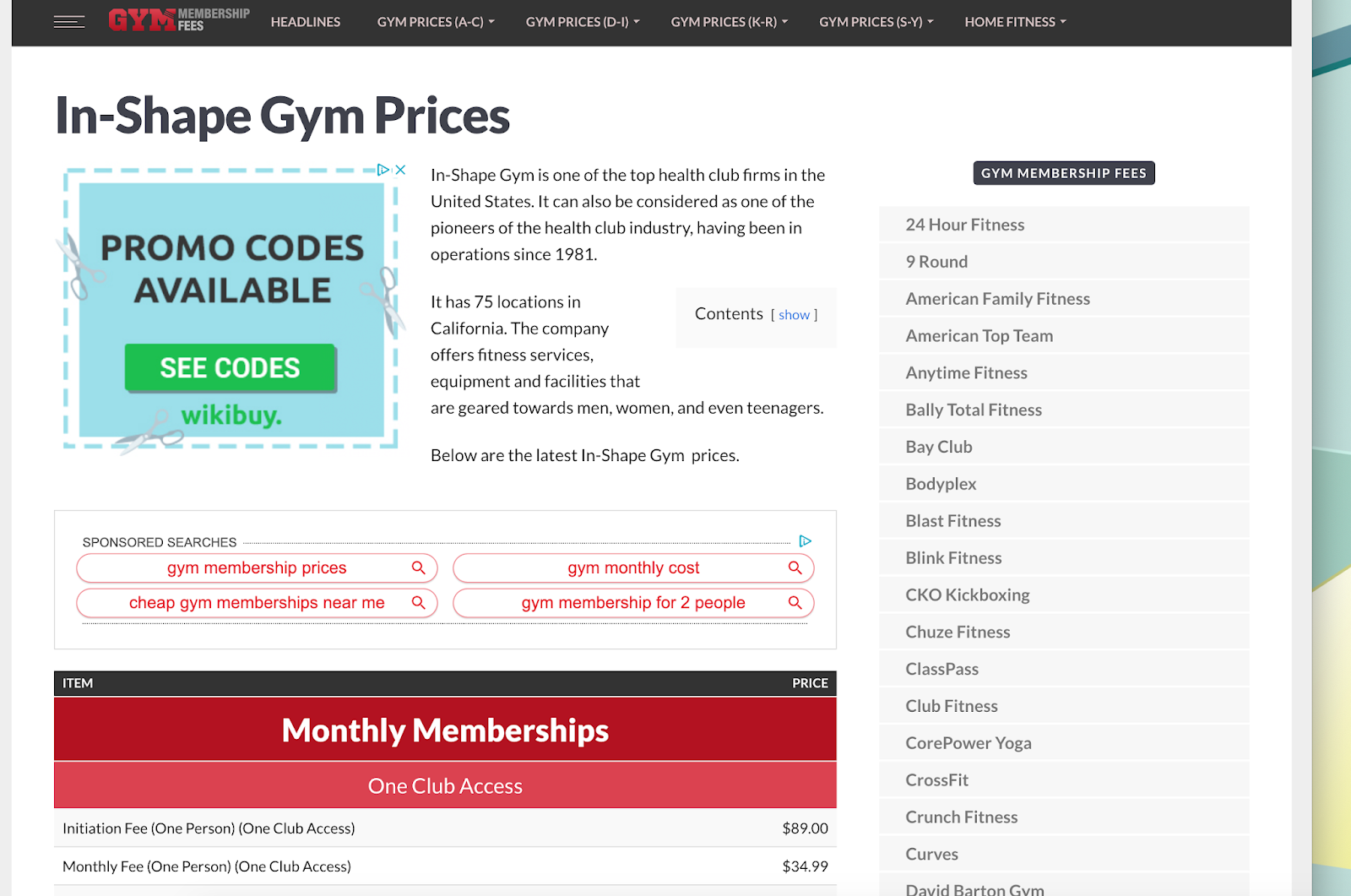 In-Shape Gym Prices