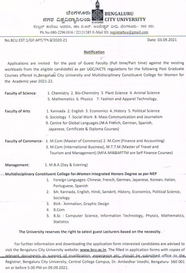 Bengaluru City University Guest Faculty Jobs 210 in Biochemistry/Life  Sciences |
