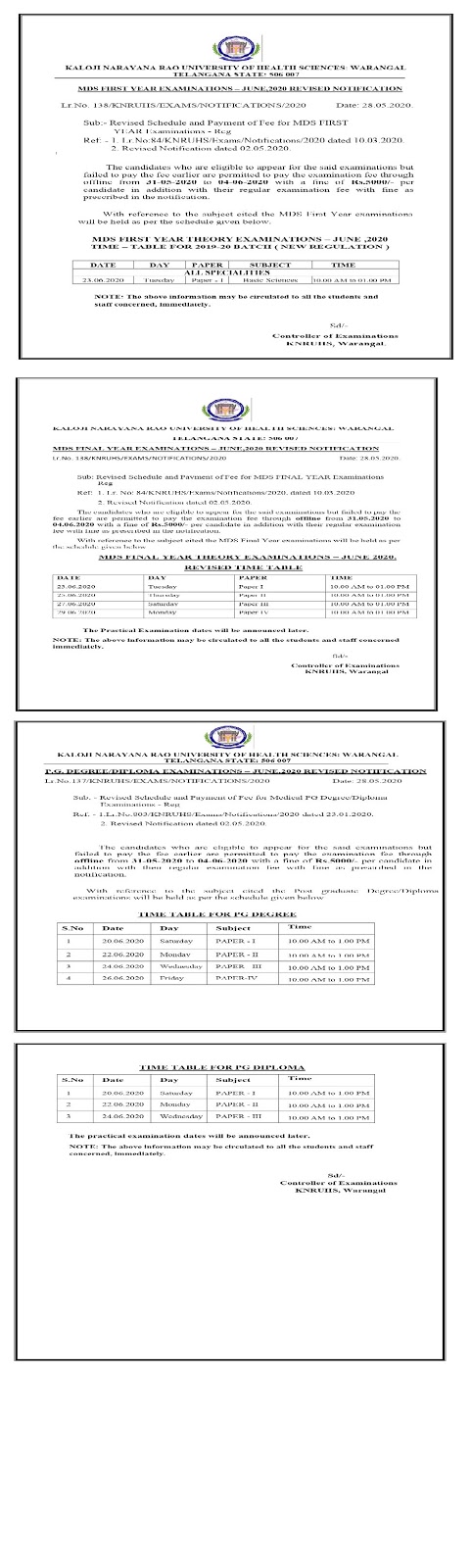 knruhs mds 1st, final year & pg degree, diploma june 2020 revised exam notification