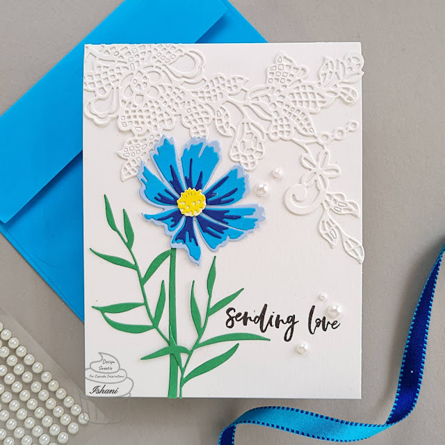 Altenew Cosmos - craft a flower dies, Altenew floral lace die, Floral CAS card, floral card, Blue yellow and green card, Quillish