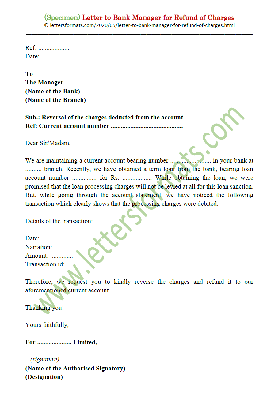 Letter to Bank Manager for Refund of Charges (Template) Regarding Bank Charges Refund Letter Template