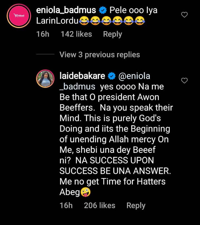 President of Beefers- Laide Bakare Slams Eniola Badmus over her comment she made on her post celebrating her new cars