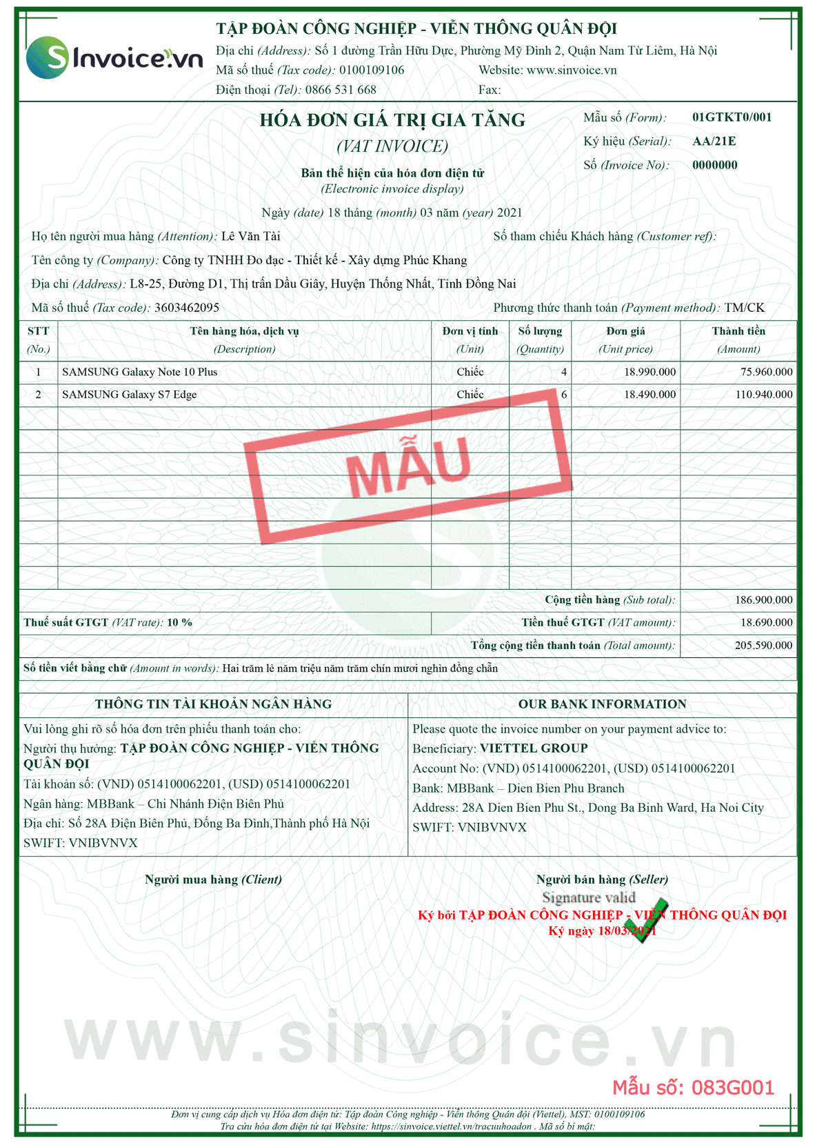 Mẫu hóa đơn điện tử số 083G001
